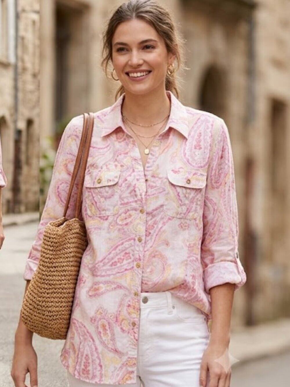 Charter Club Luxury 100% Linen Button Up Shirt Pink Paisley Size M/L